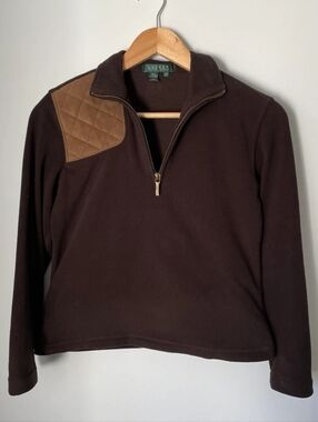 Lauren Ralph Lauren  Suede Brown Quarter-Zip Pullover with Quilted Shoulder